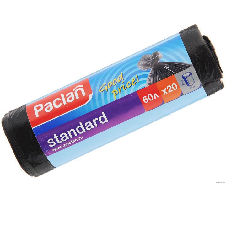 Paclan Standart пакеты для мусора 60 л, 60х72 см, 20 шт, 8 мкм