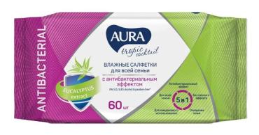 Влажные салфетки 60 шт, с  антибактериальным эффектом big-pack "AURA Tropic Cocktail"