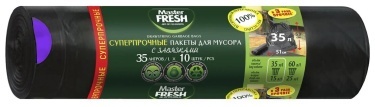 Пакеты д/мусора 35л, 10шт, "Master FRESH" суперпрочные с завязками черные 24мкм усиленное дно