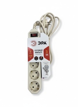 Сетевой фильтр USF-5es-3m-I ЭРА (сл. кость ) с заземл, 3x0,75мм2, с выкл, 5гн, 3м