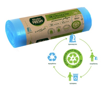 Пакеты д/мусора ЭКОпакеты 70% RECYCLING с усиленными завязками 35л/15шт (голубые) 20мкм Master FRESH