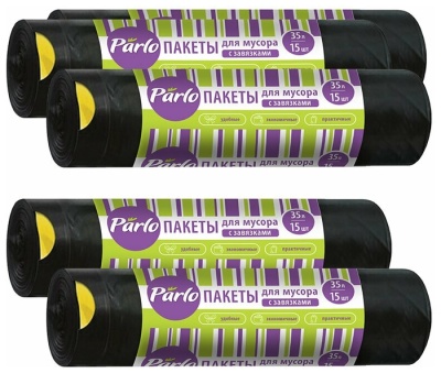 Пакеты д/мусора 35л, 15шт, "PARLO" с завязками черные
